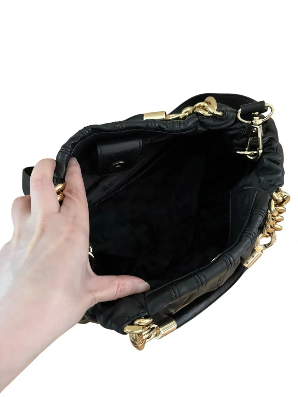 Michael Kors Erin Black Leather Shoulder Bag with Gold Chain and Charm